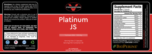 this platinum js supplement from foundation v helps increase blood flow and helps with joint pain. Foundation V gives quality supplements  60 capsules and is 95% turmeric 